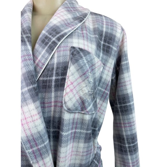 Womens Ralph Lauren Plaid Belted Robe With Pockets Soft Gray & Pink Sz XS - Picture 4 of 10